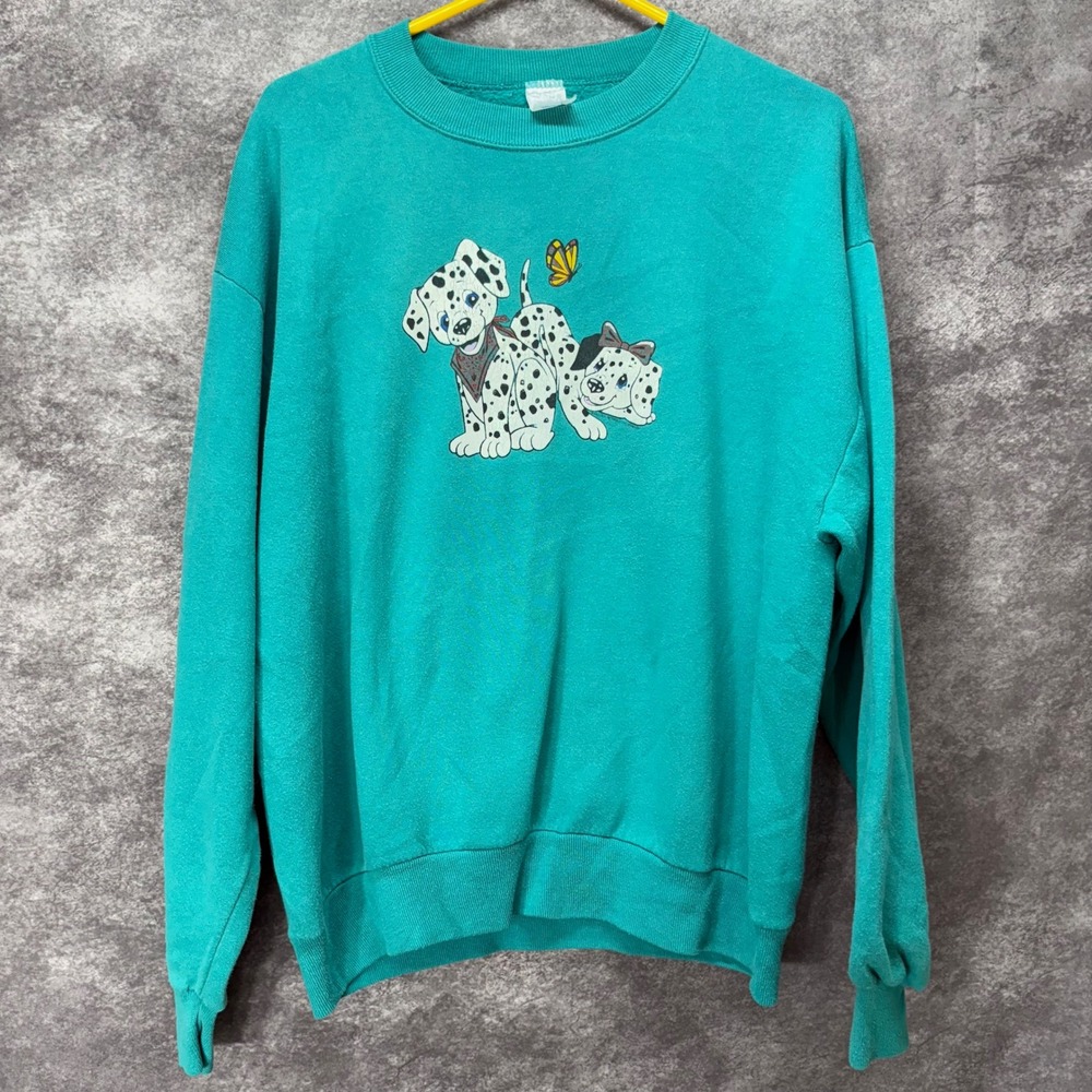 Vintage Dalmatian Puppy Dog Butterfly Crewneck Sweatshirt Size L Teal Cartoon